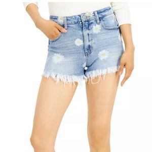 Juniors' Floral-Print Frayed Denim Shorts